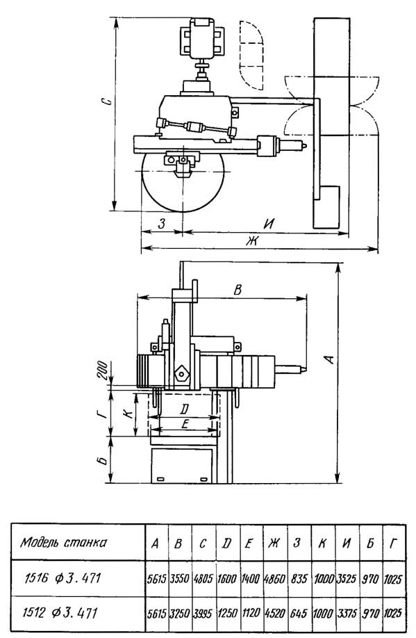 1516Ф3 Габарит рабочего пространства и чертеж общего вида токарного карусельного станка